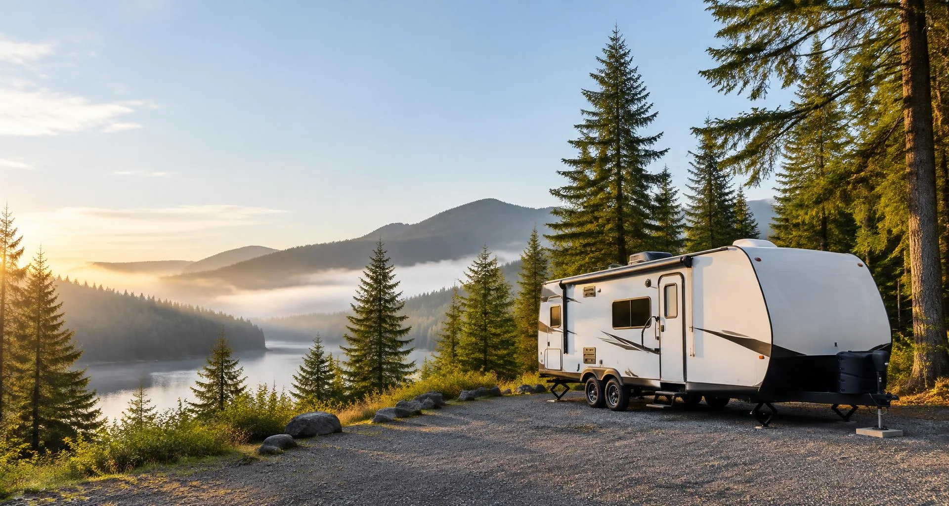 Travel trailer RV parked at an evergreen campsite by a mountain lake at sunrise
